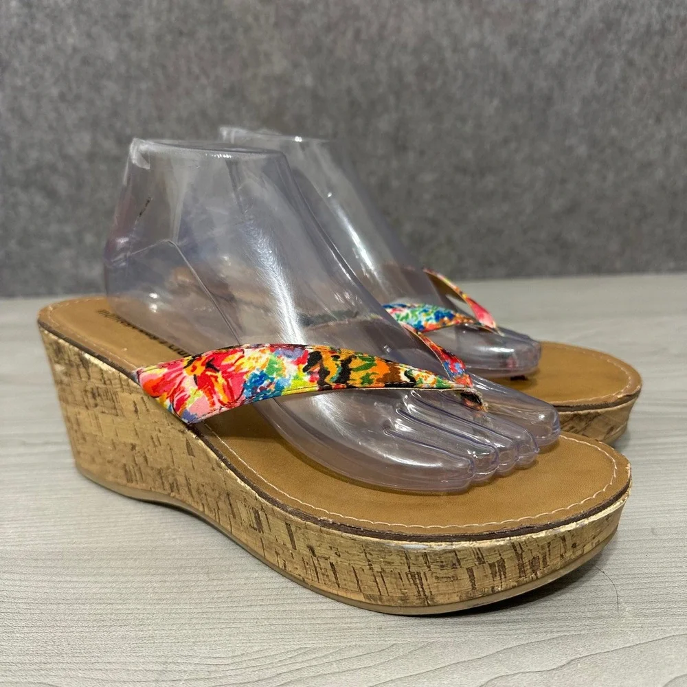 Montego Bay Club Womens Sz 10 Multicolor Floral Cork‎ Wedge Thong Sandals